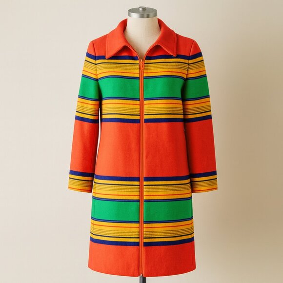 Vintage Jackets & Blazers - Vintage 60s Sanger Harris Wool Mod Coat Colorblock Striped Longline Small